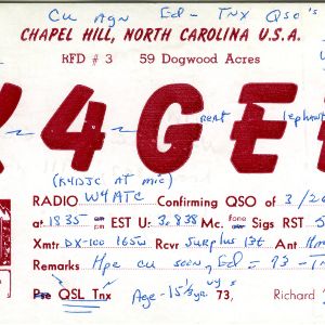 QSL Card from K4GEF, Chapel Hill, N.C., to W4ATC, NC State Student Amateur Radio