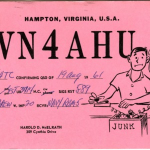QSL Card from WN4AHU, Hampton, Va., to W4ATC, NC State Student Amateur Radio