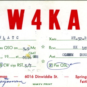 QSL Card from W4KA, Springfield, Va., to W4ATC, NC State Student Amateur Radio