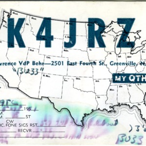 QSL Card from K4JRZ, Greenville, N.C., to W4ATC, NC State Student Amateur Radio