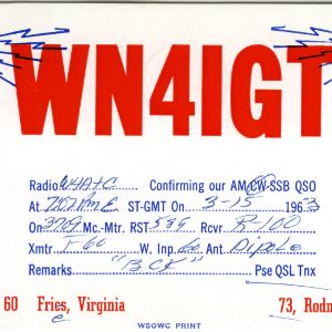 QSL Card from WN4IGT, Fries, Va., to W4ATC, NC State Student Amateur Radio