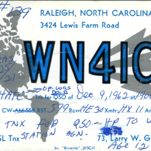 QSL Card from WN4ICU, Raleigh, N.C., to W4ATC, NC State Student Amateur Radio