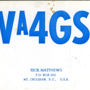 QSL Card from WA4GSP, Mount Croghan, S.C., to W4ATC, NC State Student Amateur Radio