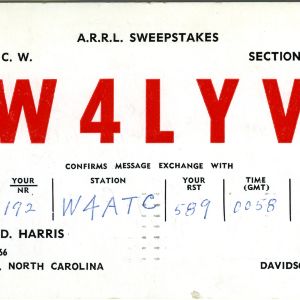 QSL Card from W4LYV, Lexington, N.C., to W4ATC, NC State Student Amateur Radio