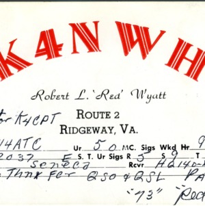 QSL Card from K4NWH, Ridgeway, Va., to W4ATC, NC State Student Amateur Radio