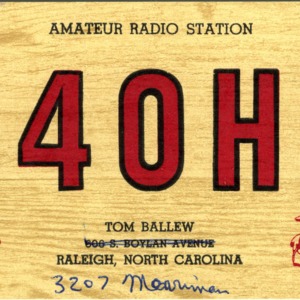 QSL Card from K40HH, Raleigh, N.C, to W4ATC, NC State Student Amateur Radio