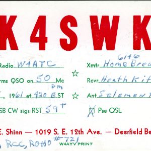 QSL Card from K4SWK, Deerfield Beach, Fla., to W4ATC, NC State Student Amateur Radio
