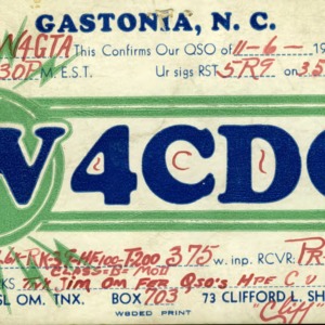 QSL Card from W4CDQ, Gastonia, N.C., to W4ATC, NC State Student Amateur Radio