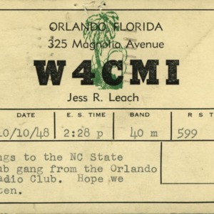 QSL Card from W4CMI, Orlando, Fla., to W4ATC, NC State Student Amateur Radio