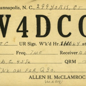 QSL Card from W4DC0, Kannapolis, N.C., to W4ATC, NC State Student Amateur Radio