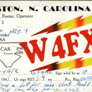 QSL Card from W4FXU, Kinston, N.C., to W4ATC, NC State Student Amateur Radio