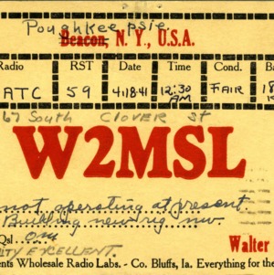 QSL Card from W2MSL, Poughkeepsie, N.Y., to W4ATC, NC State Student Amateur Radio
