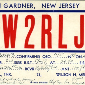 QSL Card from W2RLJ, Glen Gardner, N.J., to W4ATC, NC State Student Amateur Radio