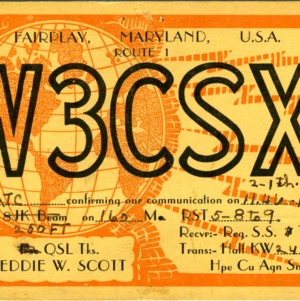 QSL Card from W3CSX, Fairplay, Md., to W4ATC, NC State Student Amateur Radio