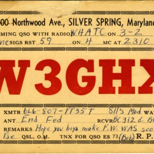 QSL Card from W3GHX, Silver Spring, Md., to W4ATC, NC State Student Amateur Radio