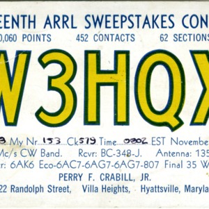 QSL Card from W3HQX, Hyattsville, Md., to W4ATC, NC State Student Amateur Radio