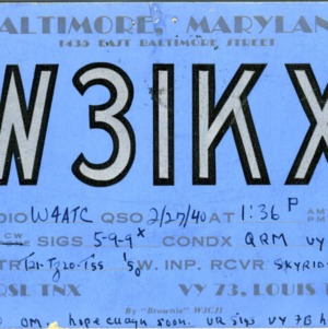 QSL Card from W3IKX, Baltimore, Md., to W4ATC, NC State Student Amateur Radio
