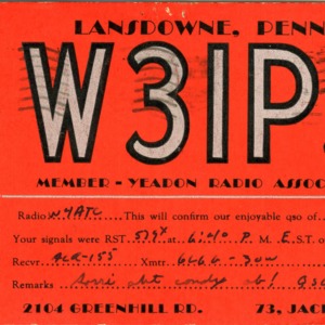 QSL Card from W3IPJ, Lansdowne, Pa., to W4ATC, NC State Student Amateur Radio