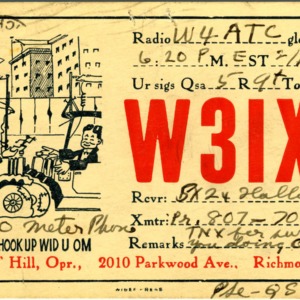 QSL Card from W3IXF, Richmond, Va., to W4ATC, NC State Student Amateur Radio