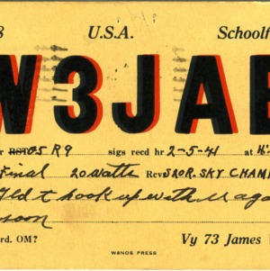 QSL Card from W3JAB, Schoolfield, Va., to W4ATC, NC State Student Amateur Radio