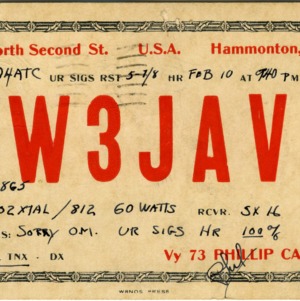 QSL Card from W3JAV, Hammonton, N.J., to W4ATC, NC State Student Amateur Radio