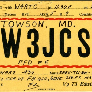 QSL Card from W3JCS, Towson, Md., to W4ATC, NC State Student Amateur Radio