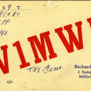 QSL Card from W1MWN, Milford, Conn., to W4ATC, NC State Student Amateur Radio