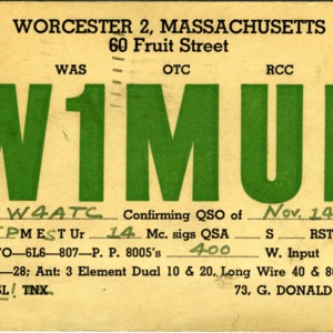 QSL Card from W1MUN, Worcester, Mass., to W4ATC, NC State Student Amateur Radio