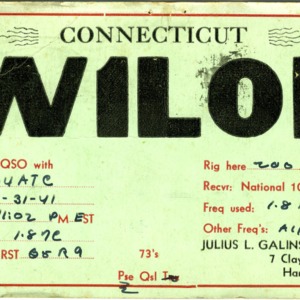 QSL Card from W1LOP, Hartford, Conn., to W4ATC, NC State Student Amateur Radio
