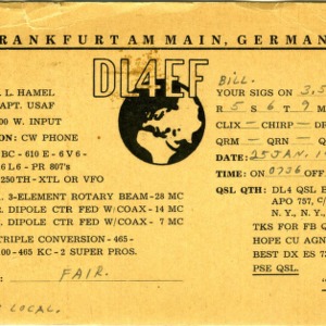 QSL Card from DL4EF, Frankfurt, Germany, to W4ATC, NC State Student Amateur Radio