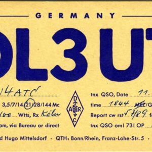 QSL Card from DL3UT, Bonn, Germany, to W4ATC, NC State Student Amateur Radio