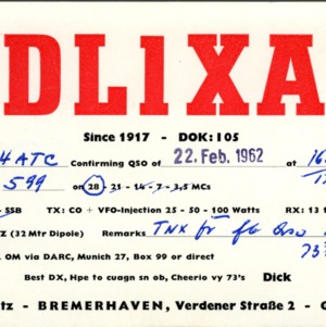 QSL Card from DL1XA, Bremerhaven, Germany, to W4ATC, NC State Student Amateur Radio