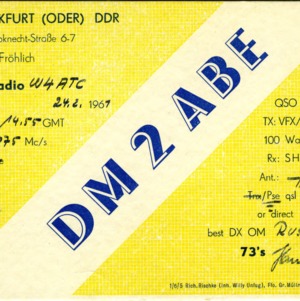QSL Card from DM2ABE, Frankfurt (Oder), Germany, to W4ATC, NC State Student Amateur Radio