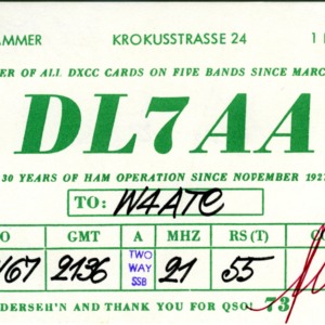 QSL Card from DL7AA, Berlin, Germany, to W4ATC, NC State Student Amateur Radio