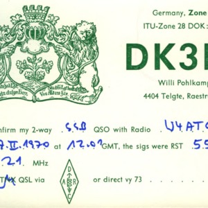 QSL Card from DK3BJ, Telgte, Germany, to W4ATC, NC State Student Amateur Radio