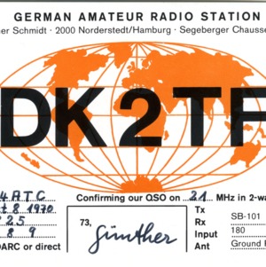 QSL Card from DK2TF, Nordestedt/Hamburg, to W4ATC, NC State Student Amateur Radio