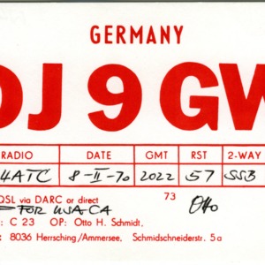QSL Card from DJ9GW, Herrsching/Ammersee, Germany, to W4ATC, NC State Student Amateur Radio