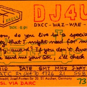 QSL Card from DJ4UF, Aachen, Germany, to W4ATC, NC State Student Amateur Radio