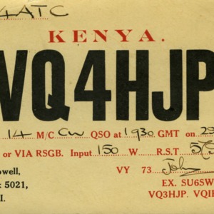 QSL Card from VQ4HJP, Nairobi, Kenya, to W4ATC, NC State Student Amateur Radio