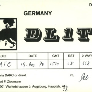 QSL Card from DL1TI, Augsburg, Germany, to W4ATC, NC State Student Amateur Radio