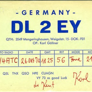 QSL Card from DL2EY, Mengeringhausen, Germany, to W4ATC, NC State Student Amateur Radio