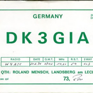 QSL Card from DK3GIA, Landsberg am Lech, Germany, to W4ATC, NC State Student Amateur Radio
