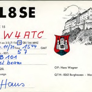 QSL Card from DL8SE, Burghausen, Germany, to W4ATC, NC State Student Amateur Radio