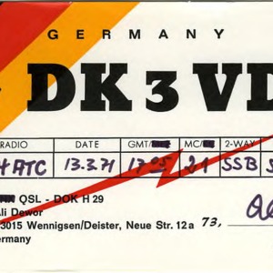 QSL Card from DK3VD, Wennigsen/Deister, Germany, to W4ATC, NC State Student Amateur Radio