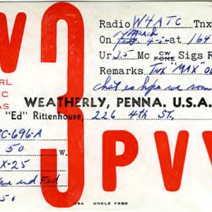 QSL Card from W3PVY, Weatherly, Pa., to W4ATC, NC State Student Amateur Radio