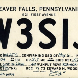 QSL Card from W3SIJ, Beaver Fall, Pa., to W4ATC, NC State Student Amateur Radio