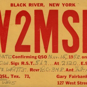QSL Card from W2MSF, Black River, N.Y., to W4ATC, NC State Student Amateur Radio