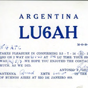 QSL Card from LU6AH, Buenos Aires, Argentina, to W4ATC, NC State Student Amateur Radio