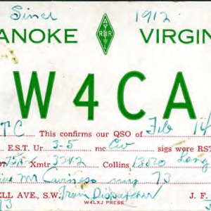 QSL Card from W4CA, Roanoke, Va., to W4ATC, NC State Student Amateur Radio