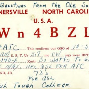 QSL Card fromWn4BZL, Kernerville, N.C., to W4ATC, NC State Student Amateur Radio